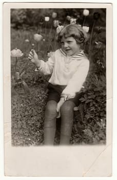 GERMANY - CIRCA 1950s: Vintage photo shows cute girl holds the tulip. Black white antique photography.