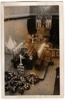 PRAGUE, THE CZECHOSLOVAK REPUBLIC - 1940: Vintage photo shows funeral before cremation. Antique black & white photo.