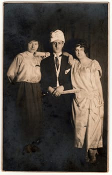 PRAHA (PRAGUE), THE CZECHOSLOVAK REPUBLIC - CIRCA 1940s: Vintage photo shows actor and actresses on theatre stage. Black & white antuque photography.