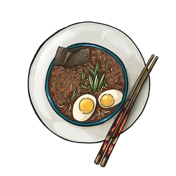 illustration of Ramen bowl Japanese noodle soup with chopsticks