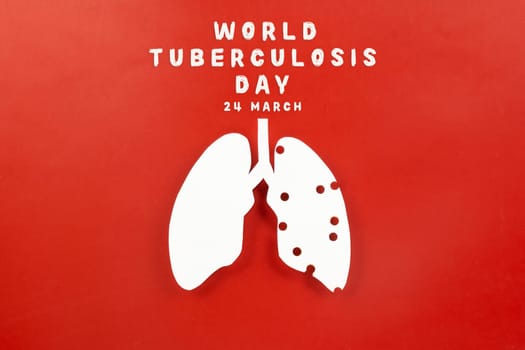 World TB day. Top view Lungs paper decorative symbol on red background, copy space, concept of world tuberculosis day, no tobacco, Medical and healthcare