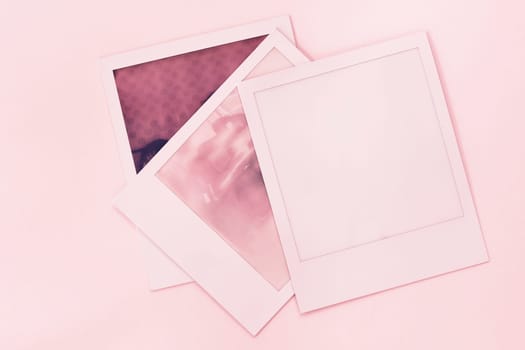 Three instant photos  on colored and lighted background  , vintage polaroid  picture 