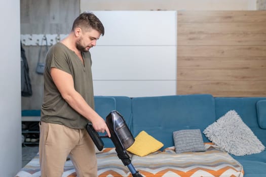Man husband cleaning the house helping wife.