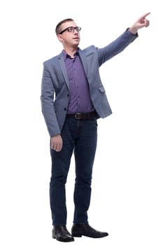 Photo of an attractive businessman wearing glasses smiling over a white background.