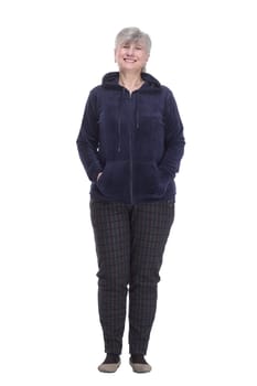 in full growth. smiling old woman in an autumn jacket with a hood . isolated on a white background.