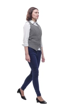 Mature woman in casual clothes walking forward. isolated on a white background.