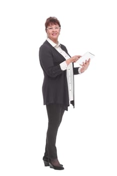 Front view of smiling business woman with tablet computer. Isolated over white background