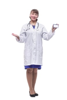 Medical doctor showing business card. Woman medical professional isolated on white background