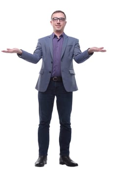 Happy businessman with open palm offering something. Concept of holding or giving