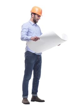 in full growth. male architect with a drawing of a new project . isolated on a white background.