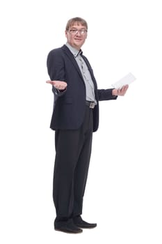 side view. senior business man using a digital tablet . isolated on a white background.
