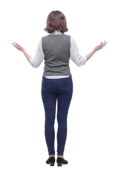 Mature woman in casual clothes looking forward. isolated on a white background.