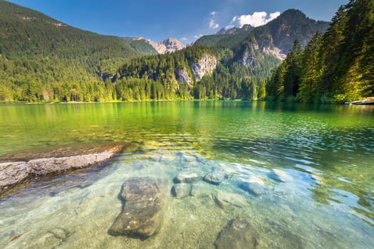 Alpine and idyllic Lake Tovel , Trentino alto adige, Dolomites alps , Italy