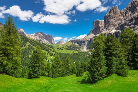 Idyllic landscape in Gardena pass valley and Sassolungo massif, italian Dolomites at springtime, Italy