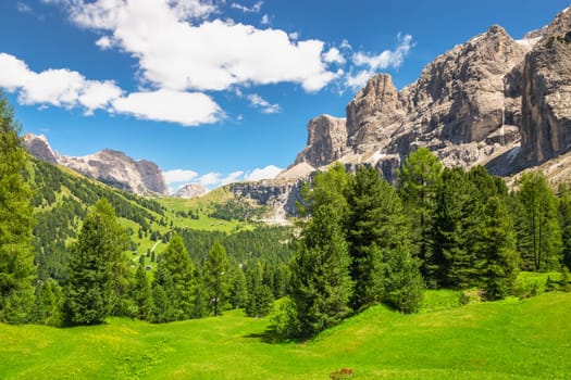 Idyllic landscape in Gardena pass valley and Sassolungo massif, italian Dolomites at springtime, Italy