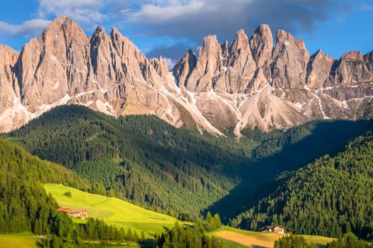 Santa Magdalena countryside in Val di Funes on the italian Dolomites at sunrise, Italy