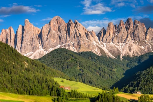 Santa Magdalena countryside in Val di Funes on the italian Dolomites at sunrise, Italy