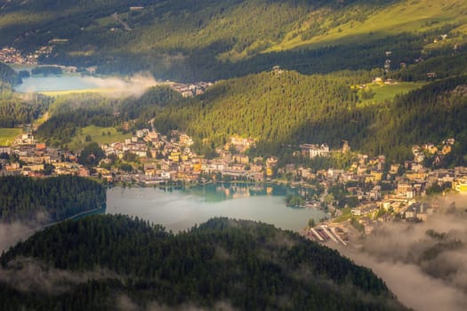 Dramatic Alpine landscape above St Moritz at sunset, Engadine, Muottas Muragl, Switzerland