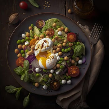 Healthy and tasty salad with fresh vegetables, chickpeas and poached egg.