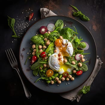 Fresh vegetable salad with chickpeas and feta cheese topped with poached egg