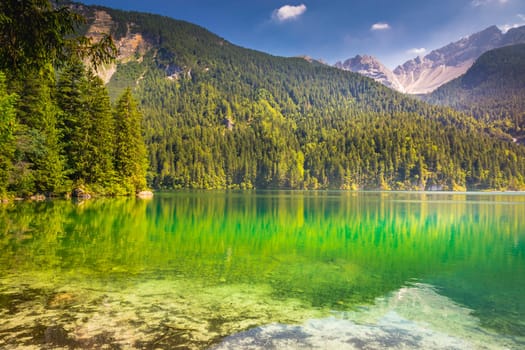 Alpine and idyllic Lake Tovel , Trentino alto adige, Dolomites alps , Italy