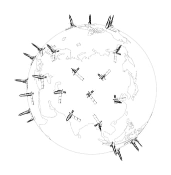 Oil rigs on Earth on white. 3d illustration. Wire-frame style