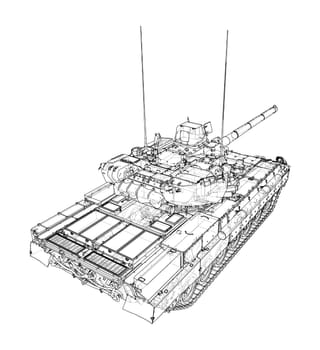 Tank on white background. 3d illustration. Wire-frame style