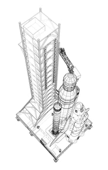 Space Rocket on launch pad. 3d illustration. Wire-frame style. Elements of this image furnished by NASA