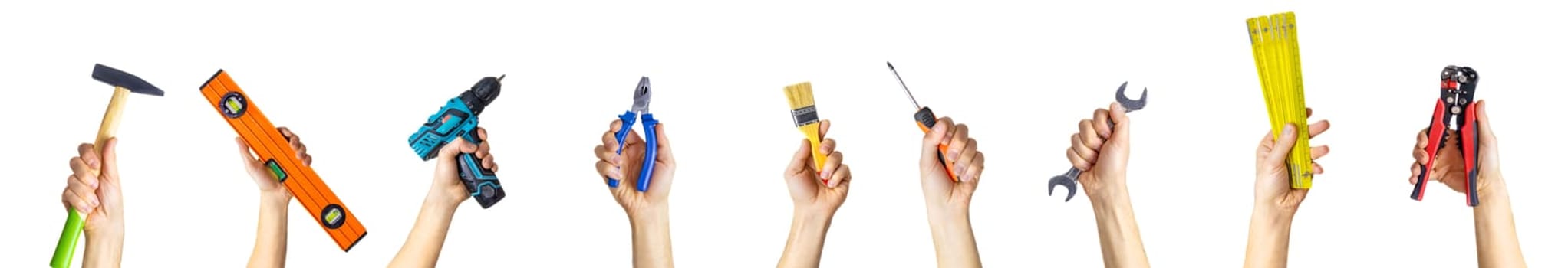 Collage of repair tools on a white background. Selective focus. People.