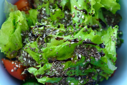Salad with chia seeds, close-up. Vegan food. Super food. Keto diet. Super salad.