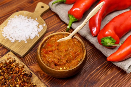 Balkan sauce ajvar and ingredients for its preparation. Serbian traditional food.