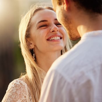 Couple, love and face of woman in nature at sunset for romance, bonding and quality time together outdoors. Love, dating and man and girl on romantic holiday, honeymoon vacation and relax on weekend.