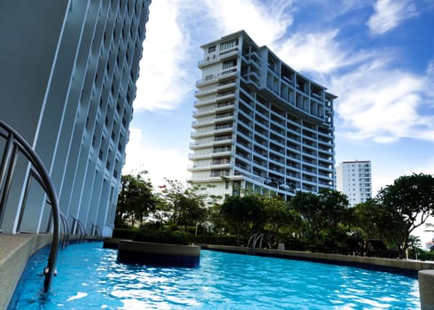 A Low Vantage Point to the high rise building view from the swimming pool