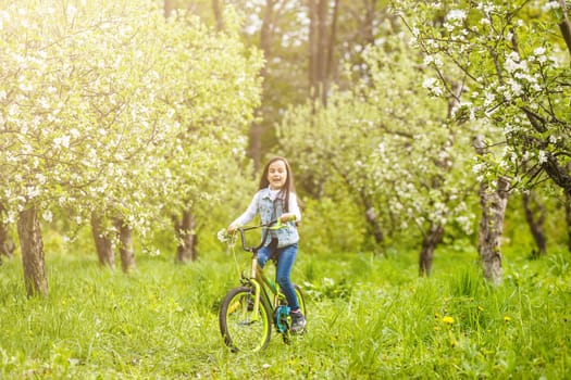 little girl with bicycle near tree with blossoms.