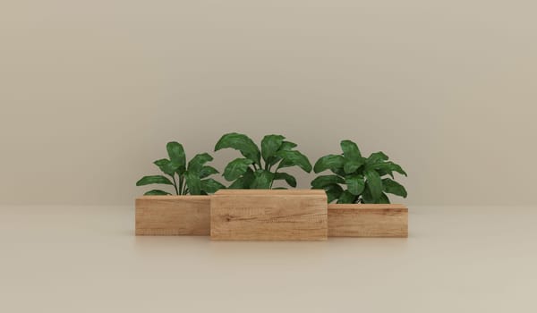 A podium with plants behind it. 3d rendering.
