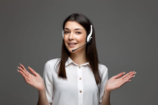 female call center agent is consulting clients online. Call center, business people concept