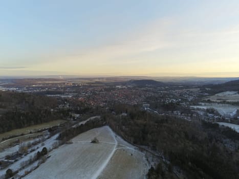 View of the city of Goslar in the Harz mountains photographed from the Steinberg in winter