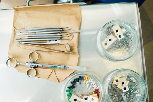 the dentist's tool is on the table before working in his office.