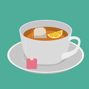 Cup with black tea and lemon in flat design. Vector Illustration EPS10