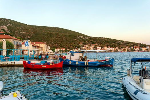 Pelion, Agia Kiriaki, Greece - August 14 2020: Greece, Pelion, fishing boats in the harbour of Agia Kiriaki