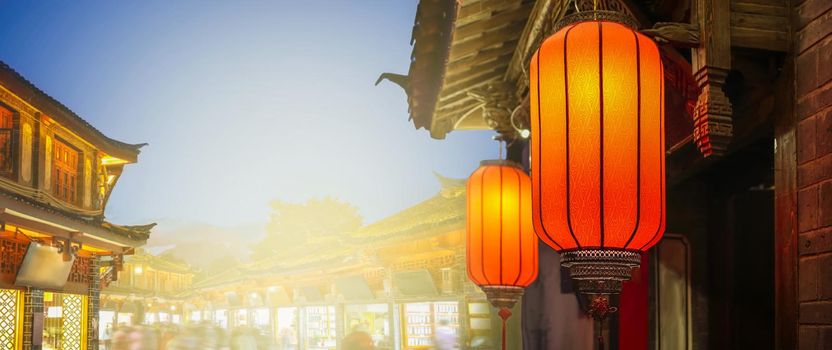 Lijiang old town in the evening with crowed tourist.