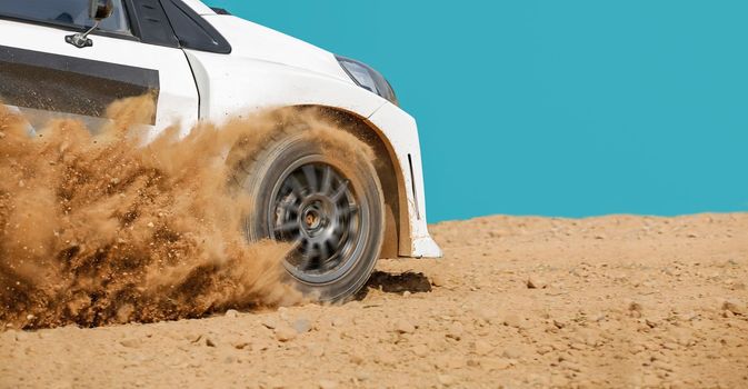 Rally racing car in dirt track.