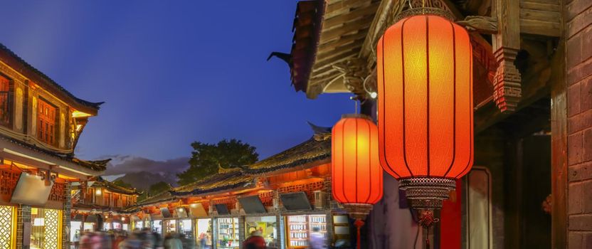 Lijiang old town in the evening with crowed tourist.