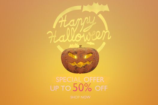 3d illustration. 50 percent off Halloween discount background . Modern discount banner with pumpkin Jack