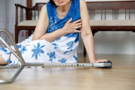 Elderly woman falling down at home ,hearth attack.