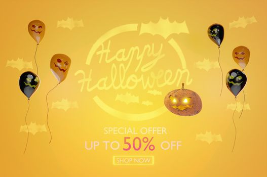 3d illustration. 50 percent off Halloween discount background . Modern discount banner with pumpkin Jack and balloons