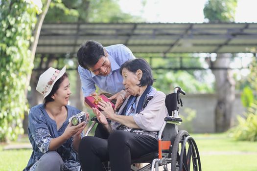 Son and daughter in law gift elderly mother in backyard