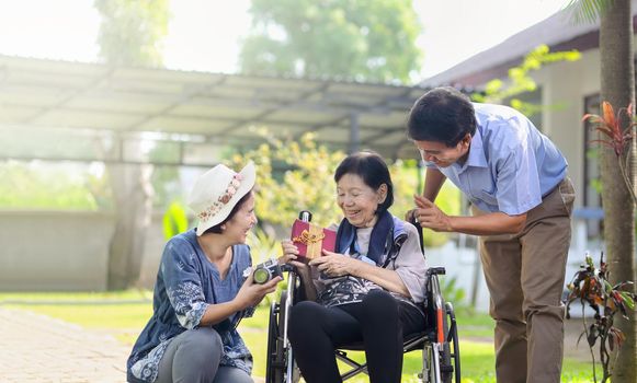 Son and daughter in law gift elderly mother in backyard