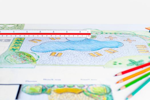 Landscape architect design backyard pool plan for resort