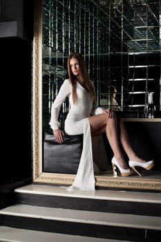 Sexy brunette posing in fashionable dress, close-up